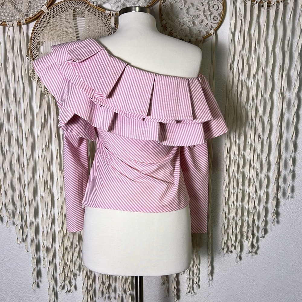 StyleKeepers Pink and White Stripe One Shoulder Long Sleeve Ruffle Top Size Sm - Picture 4 of 9